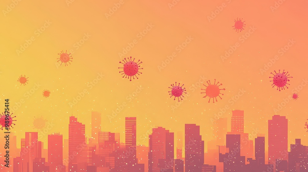 Modern Cityscape with Virus Particles - Conceptual Minimalist Design of Infectious Diseases in Urban Environment