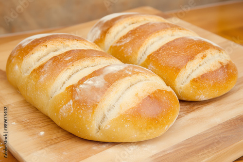 Two freshly baked golden-brown bread loaves resting on a wooden board, fluffy, homemade