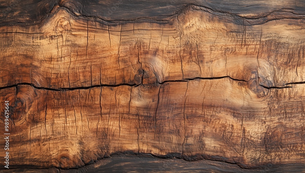 Naklejka premium A close-up of a cracked wooden surface, highlighting deep textures and natural grain patterns.