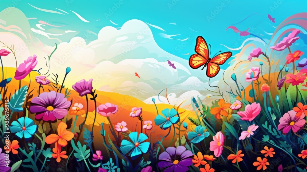 Colorful Flowers and a Butterfly in a Summer Landscape Colorful Flowers and a Butterfly in a Summer Landscape