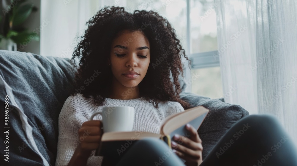 Young woman reading a book and drinking coffee on a cozy sofa. Home comfort and leisure reading concept. Young woman reading a book and drinking coffee on a cozy sofa. Home comfort and leisure reading concept.