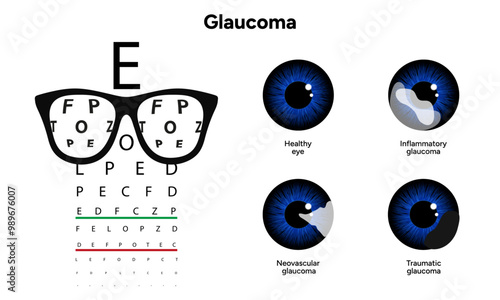 Healthy eye and eye with glaucoma. Ophthalmology eye examination. Inflammatory glaucoma. Neovascular glaucoma. Traumatic glaucoma