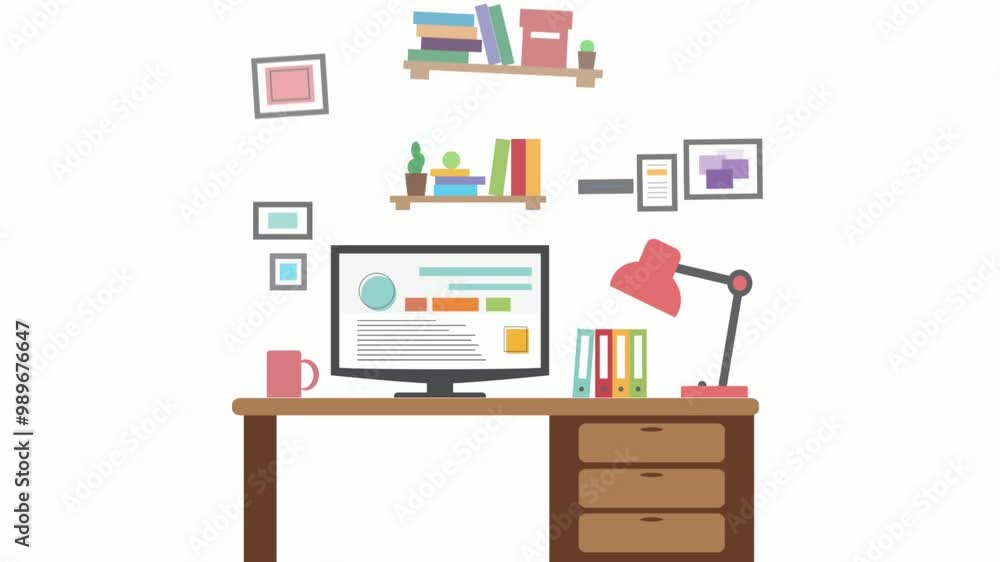 Flat of modern office interior designer desktop showing design application with interface icons elements in minimalist style and color Flat of modern office interior designer desktop showing design application with interface icons elements in minimalist style and color