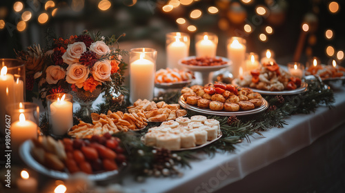 dinner served on a table with decorations and candles for the celebration of diwali and hanukkah, reflecting hindu religious culture