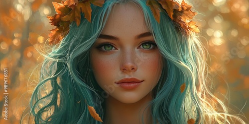 Fantasy girl with flowing hair wearing a golden autumn leaf wreath