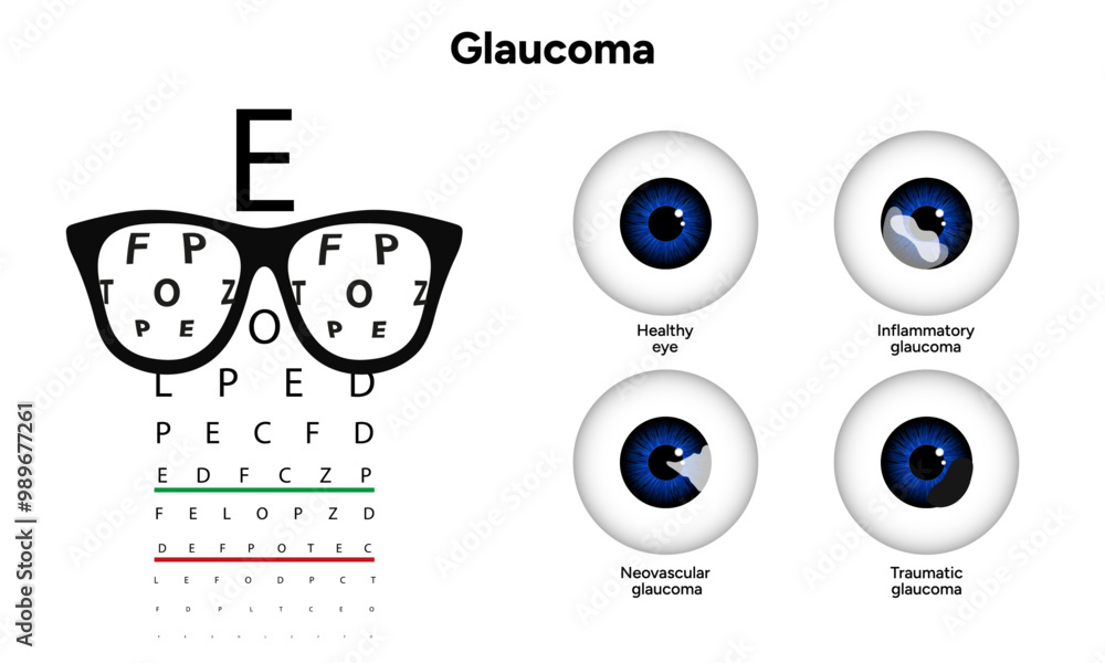 Healthy eye and eye with glaucoma. Ophthalmology eye examination. Inflammatory glaucoma. Neovascular glaucoma. Traumatic glaucoma Healthy eye and eye with glaucoma. Ophthalmology eye examination. Inflammatory glaucoma. Neovascular glaucoma. Traumatic glaucoma