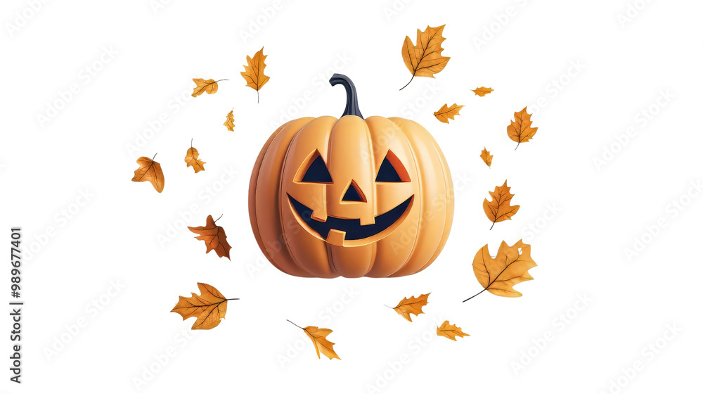 Fototapeta premium Smiling Jack O Lantern Pumpkin with Falling Autumn Leaves