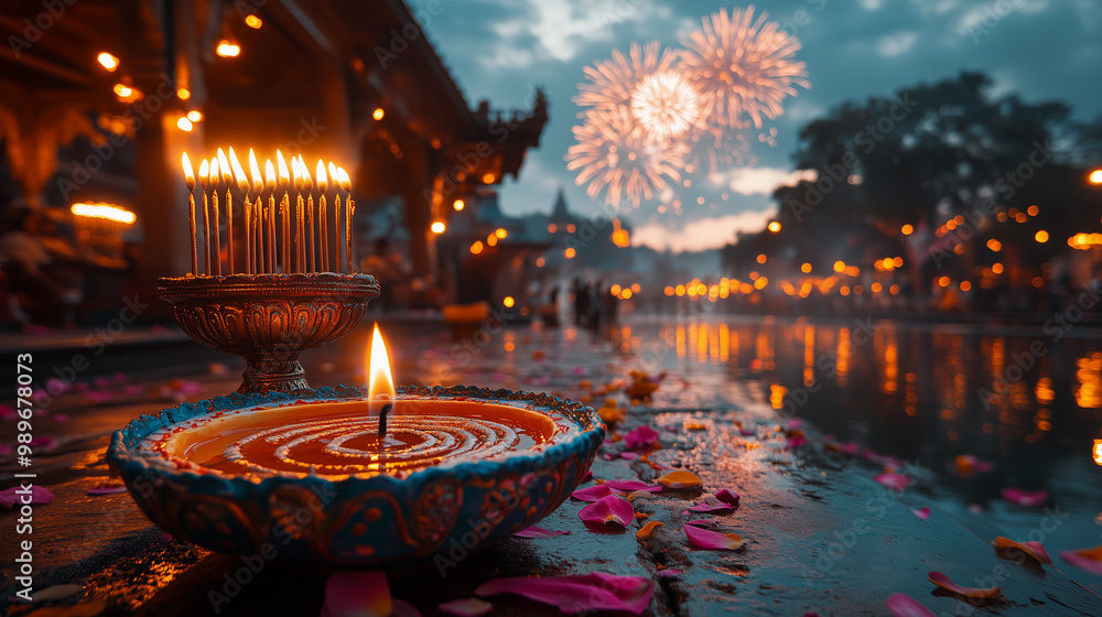 candle decorations symbolizing diwali and hanukkah in a hindu religious festival celebration, complete with fireworks