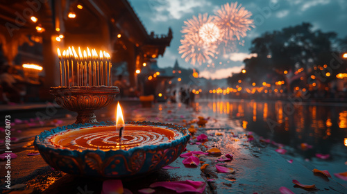 Obraz na płótnie candle decorations symbolizing diwali and hanukkah in a hindu religious festival celebration, complete with fireworks w salonie