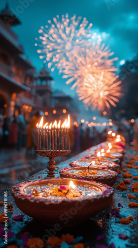 Obraz na płótnie dinner served on a table with decorations and candles for the celebration fireworks of diwali and hanukkah, reflecting hindu religious culture w salonie