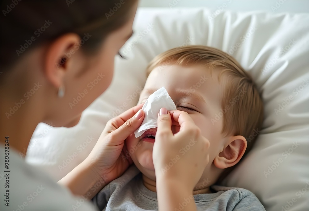 Mother wiping her child's nose with tissue. Mother wiping her child's nose with tissue.