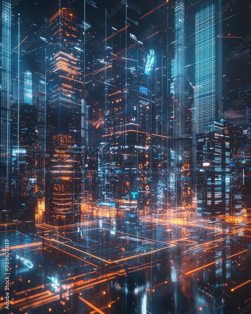 Fototapeta premium Futuristic cityscape with vibrant neon lights, showcasing a high-tech urban environment.