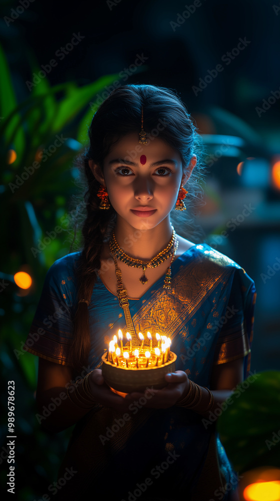 woman holding a candle ornament during the celebrations of diwali and hanukkah, incorporating elements of religion and new year ceremonies in the hindu festival