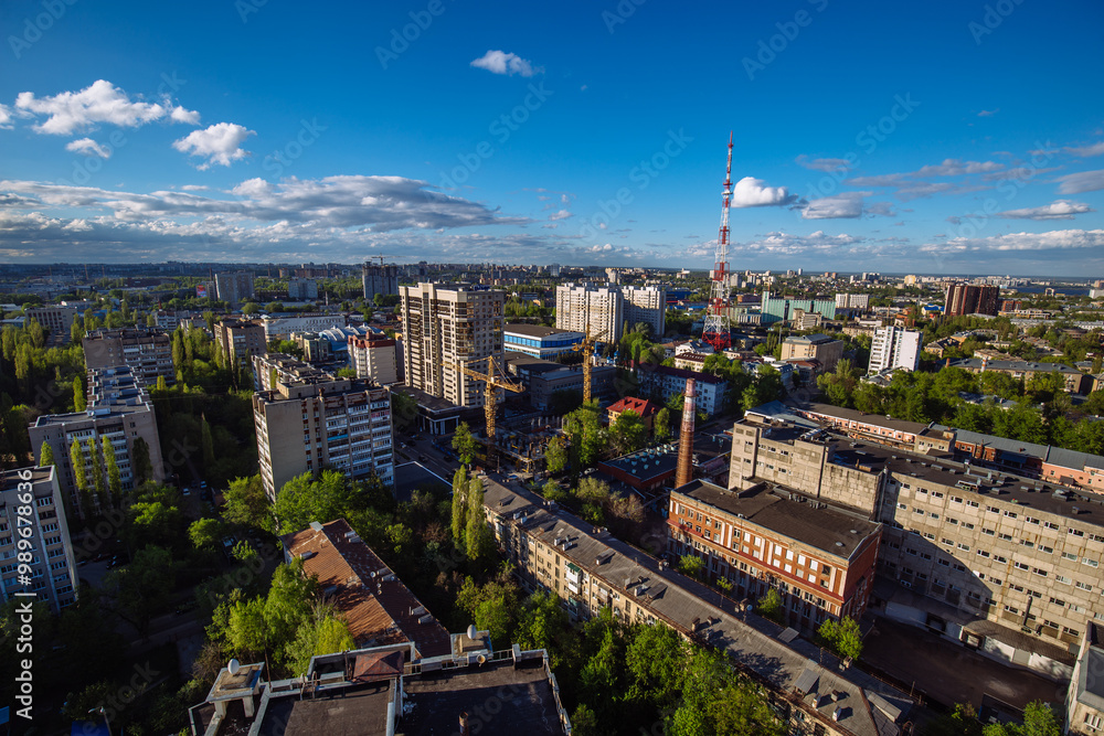 Fototapeta premium Evening summer Voronezh cityscape, aerial view