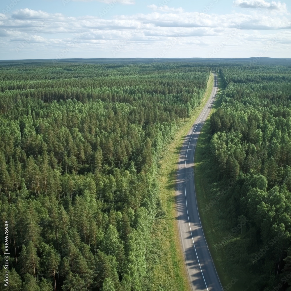 Obraz premium Aerial view of a winding road surrounded by lush green forests under a clear blue sky.