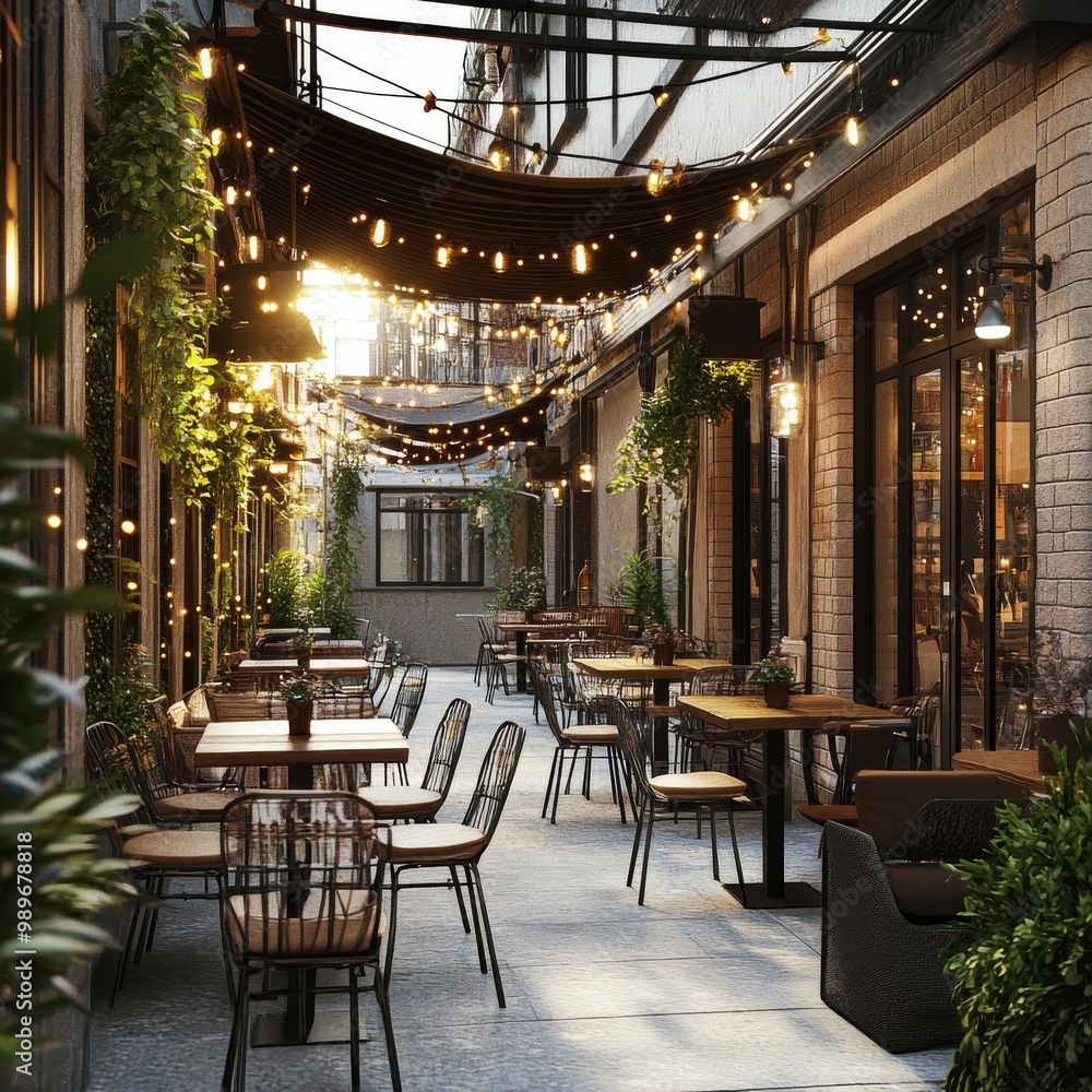 Fototapeta premium Charming outdoor cafe with cozy lighting, featuring elegant tables and lush green plants in a tranquil alley setting.