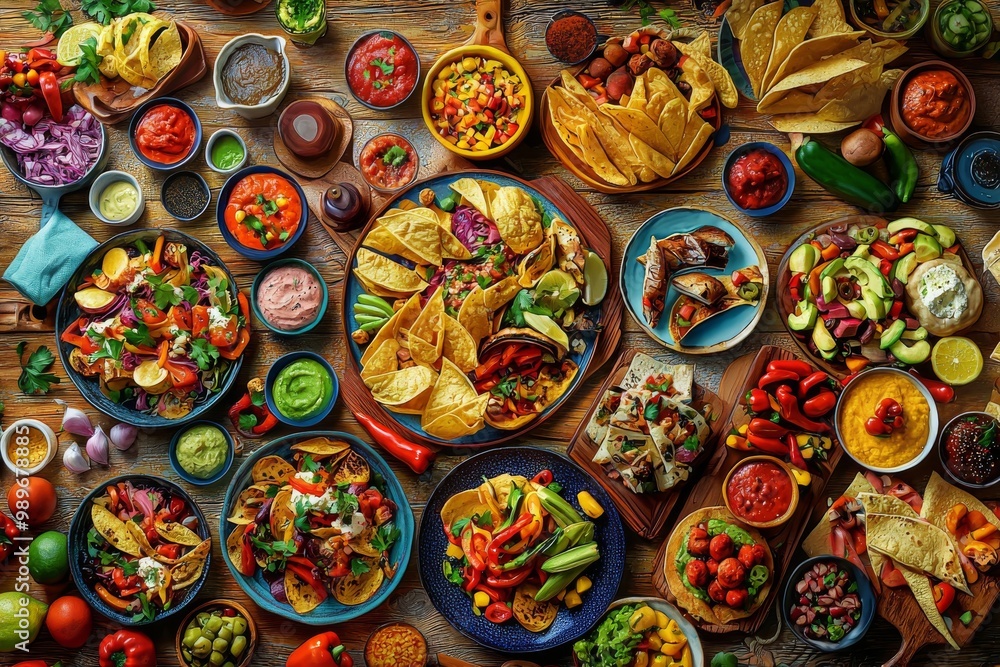 A vibrant spread of delicious Mexican dishes featuring colorful tacos, salsa, guacamole, and fresh veggies. A vibrant spread of delicious Mexican dishes featuring colorful tacos, salsa, guacamole, and fresh veggies.