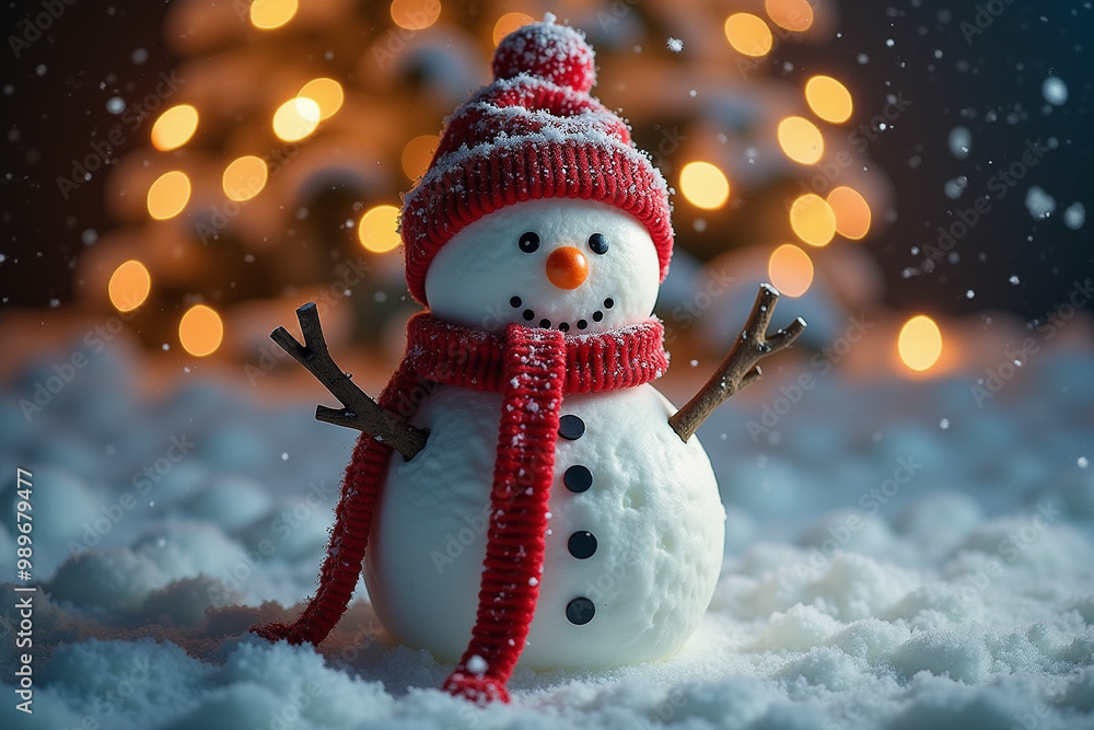 Snowman Wearing Red Hat and Scarf with Holiday Lights in the Background Snowman Wearing Red Hat and Scarf with Holiday Lights in the Background