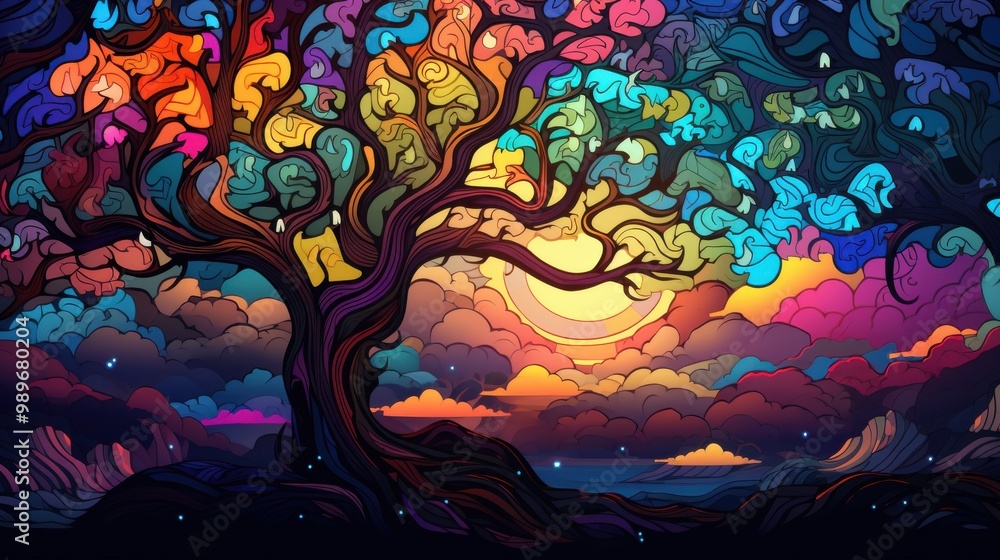 Abstract Tree with Colorful Foliage and Sunset Sky Abstract Tree with Colorful Foliage and Sunset Sky