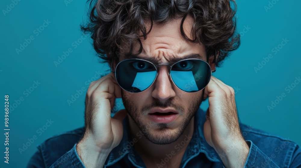 Young Man Expressing Surprise in Sunglasses, Isolated on Blue Young Man Expressing Surprise in Sunglasses, Isolated on Blue