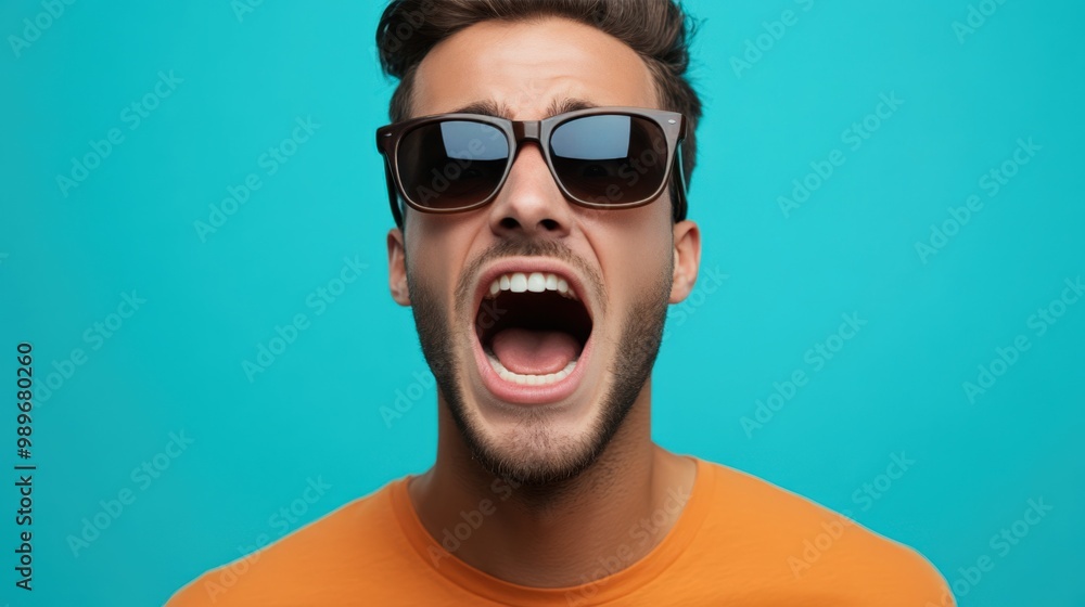 Surprised Expression of Young Man in Sunglasses, Blue Background Surprised Expression of Young Man in Sunglasses, Blue Background