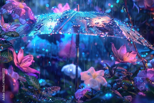 Enchanting autumn rainfall: artistic umbrella amidst vibrant flowers in glistening evening scene. AI