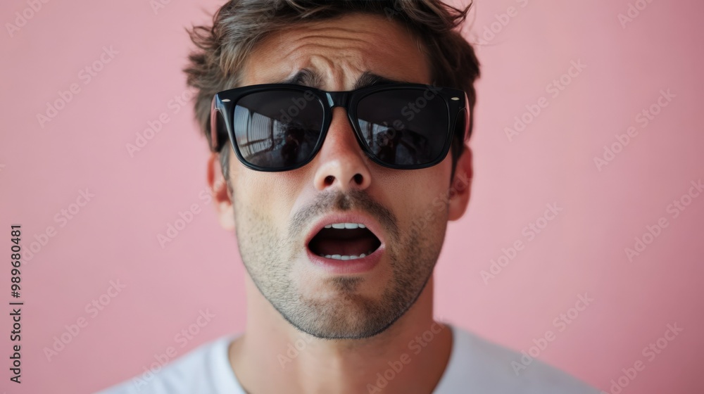 Young Man with Wide-Eyed Expression and Sunglasses in Front of Pink Young Man with Wide-Eyed Expression and Sunglasses in Front of Pink