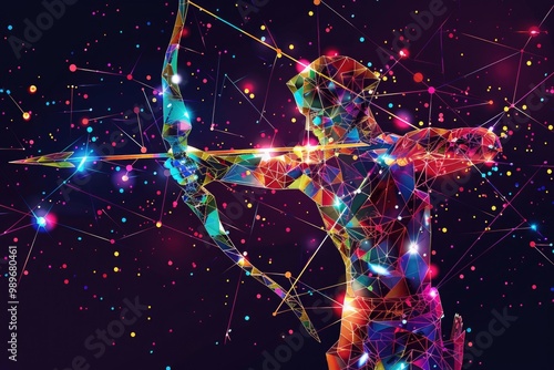 Vibrant sagittarius zodiac representation with abstract geometric patterns. AI