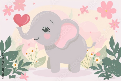 Cute elephant with heart on valentine's day illustration for greeting card or decoration. AI