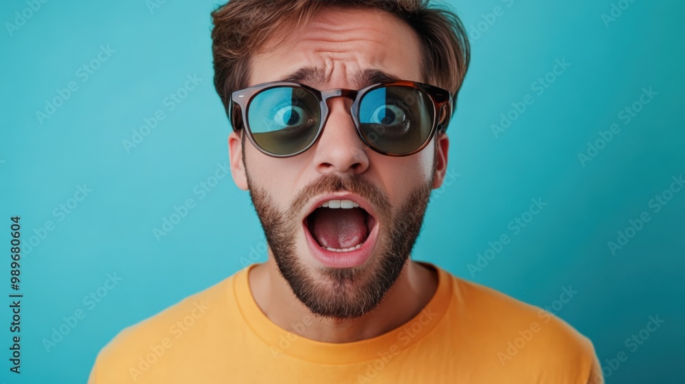 Surprised Young Man Wearing Sunglasses Against a Blue Background Surprised Young Man Wearing Sunglasses Against a Blue Background