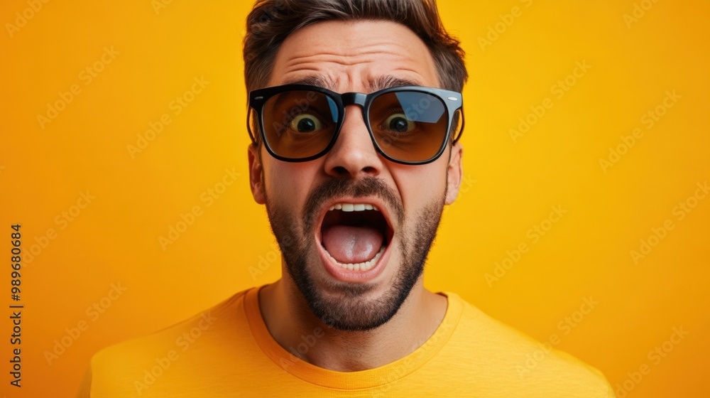 Shocked Man in Sunglasses and Yellow Studio Background Shocked Man in Sunglasses and Yellow Studio Background