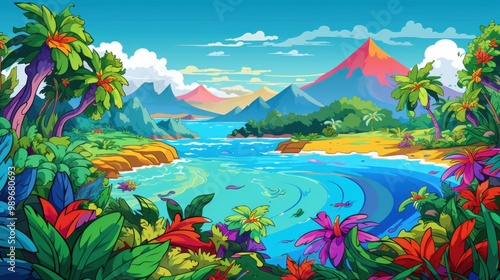 Tropical Landscape with Volcano and Lush Foliage