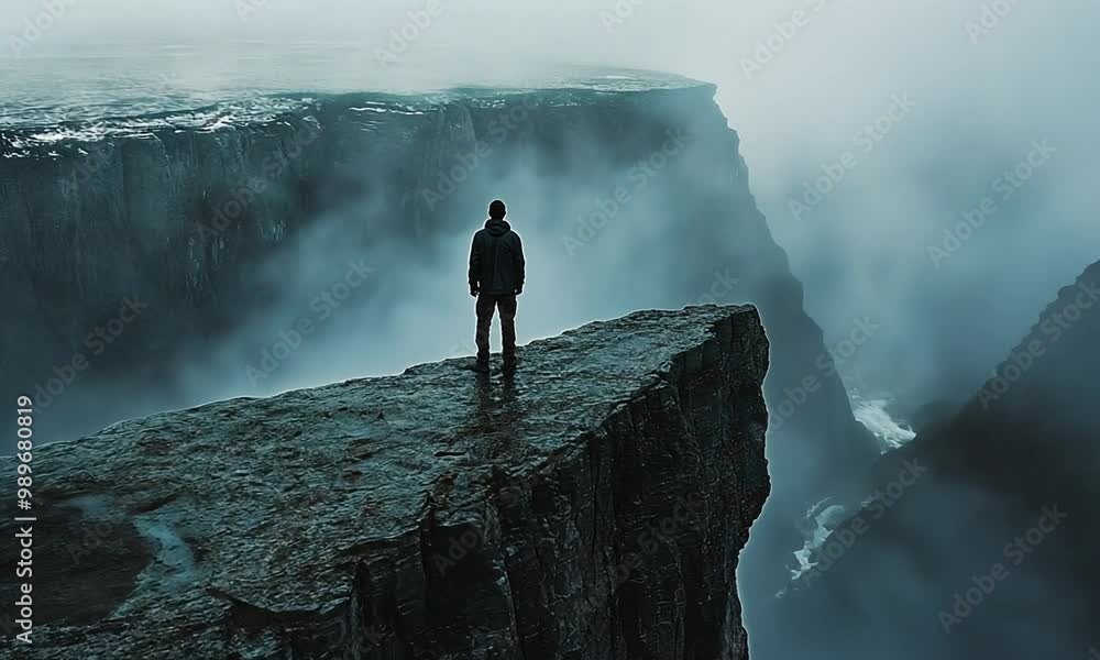 man standing at the edge of abyss surrounded by fog and clouds man standing at the edge of abyss surrounded by fog and clouds