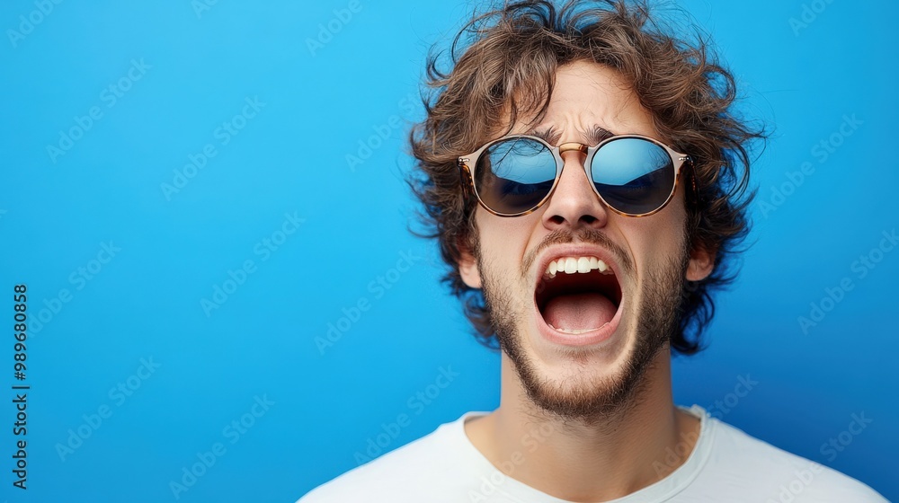 Fashionable Man in Sunglasses Showing Shock Against Blue Fashionable Man in Sunglasses Showing Shock Against Blue