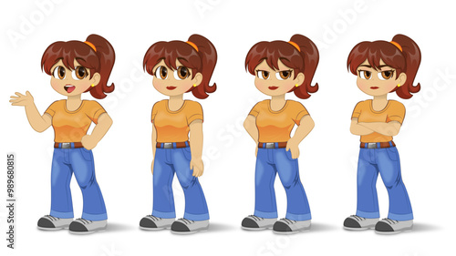 Ilustración animada niña con diferentes expresiones y poses