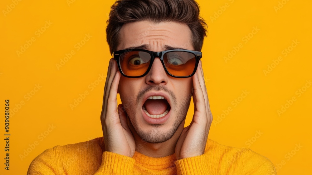 Shocked Man in Sunglasses with a Vibrant Yellow Backdrop Shocked Man in Sunglasses with a Vibrant Yellow Backdrop
