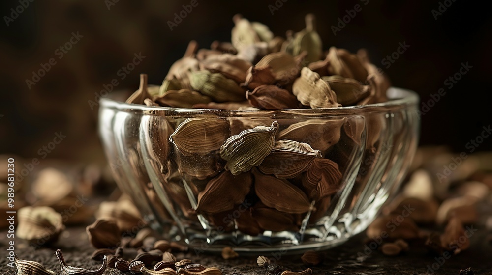 A Glass Bowl Filled with Dried Cardamom Pods A Glass Bowl Filled with Dried Cardamom Pods