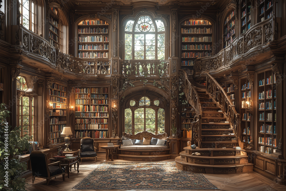 Obraz premium A library styled as a castle's library, with towering bookshelves, a rolling ladder, and a cozy reading nook, illustrating intellectual wealth. Concept of knowledge.