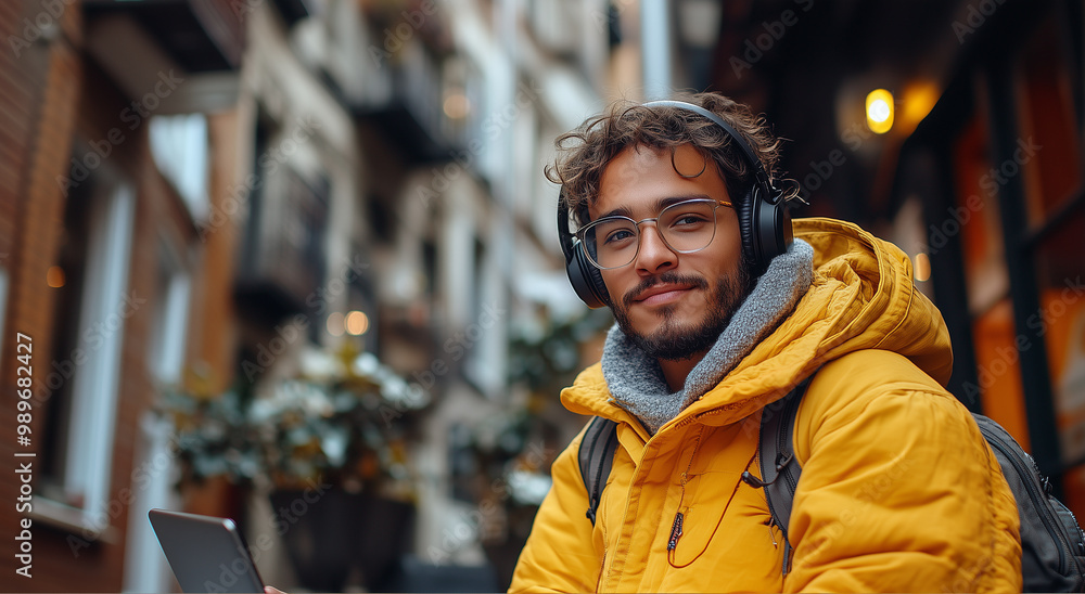 Young Man in Yellow Jacket with Laptop Outdoors Young Man in Yellow Jacket with Laptop Outdoors