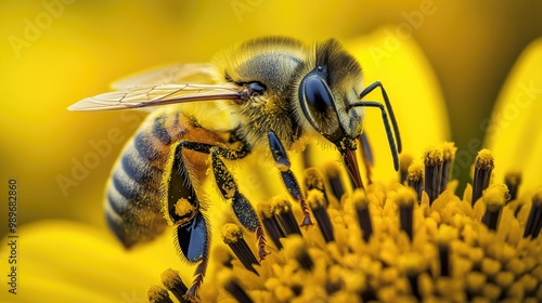 macro photo a bee on yellow flower