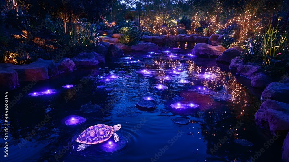 Fototapeta premium A turtle dressed as a wizard, complete with a tiny wand, slowly moves through a mystical pond surrounded by magical lights and reflections, creating a charming and enchanting scene 