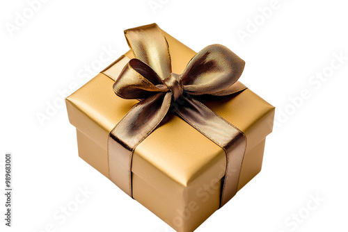 Elegant Gold Gift Box with Matching Ribbon and Bow, Perfect for Special Occasions, Holidays, and Anniversaries, Isolated on Transparent Background