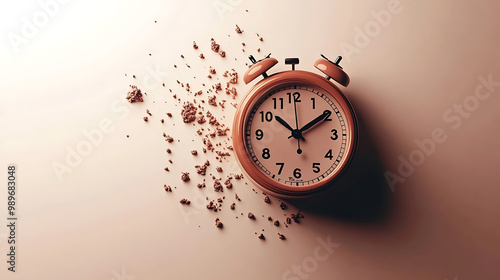 Time Crumbles: An orange vintage alarm clock stands defiant against a crumbling, dusty backdrop, a poignant visual metaphor for the passage of time.  photo