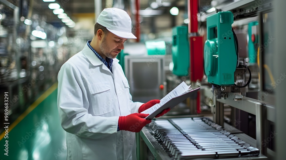 Naklejka premium An engineer holding a checklist inspects and marks products on an assembly line, performing manual checks as part of the quality assurance process 