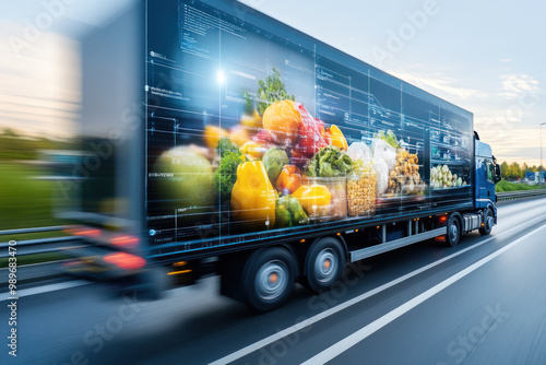 sleek delivery truck transporting fresh produce on highway.