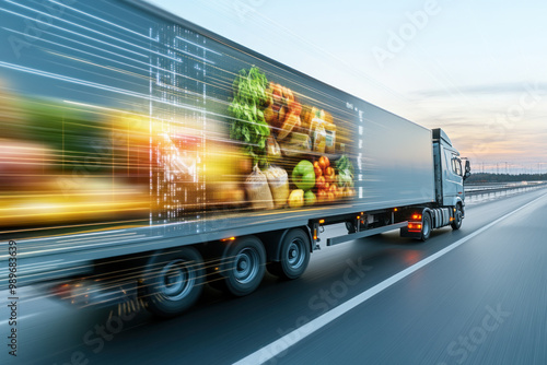 Fast delivery truck transporting fresh produce on highway.