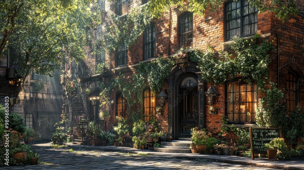 Charming brick building surrounded by greenery and warm light. Charming brick building surrounded by greenery and warm light.