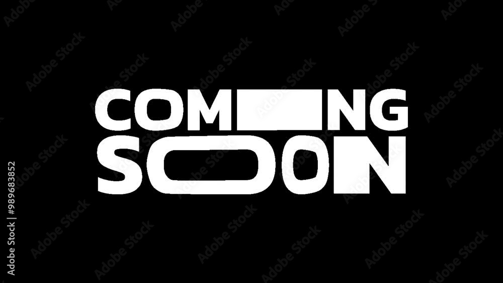 Coming soon text in bold futuristic font with minimalistic design and distorted letters on black background, perfect for announcement or teaser video use Coming soon text in bold futuristic font with minimalistic design and distorted letters on black background, perfect for announcement or teaser video use