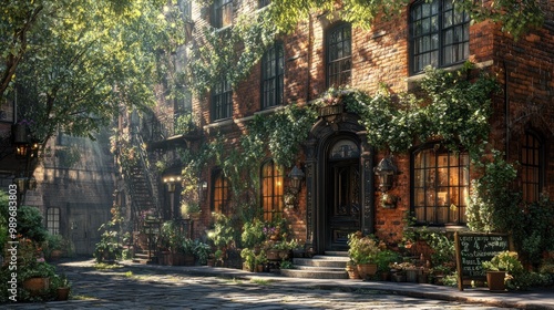 Charming brick building surrounded by greenery and warm light.