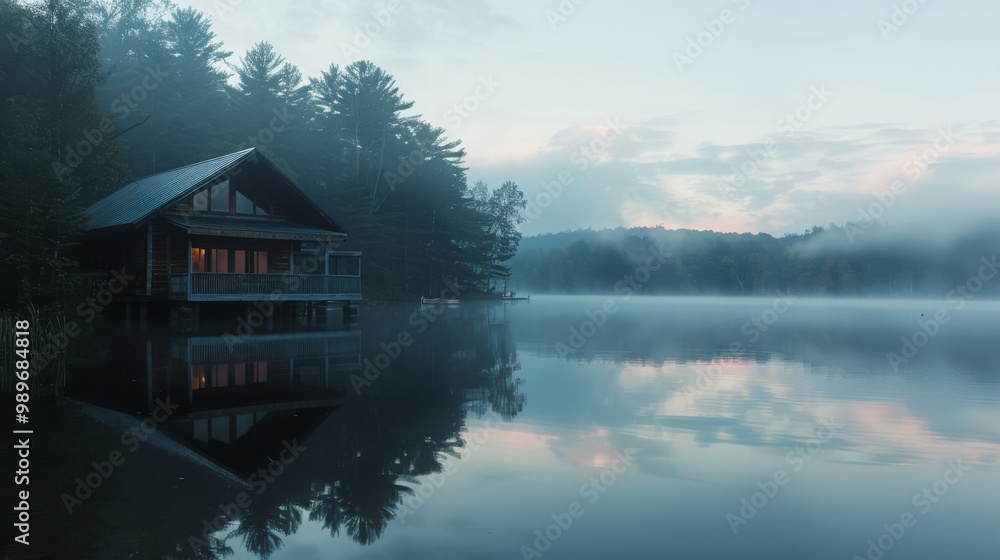 Fototapeta premium A tranquil cabin sits on the edge of a misty lake, reflecting the soft light of the early morning.